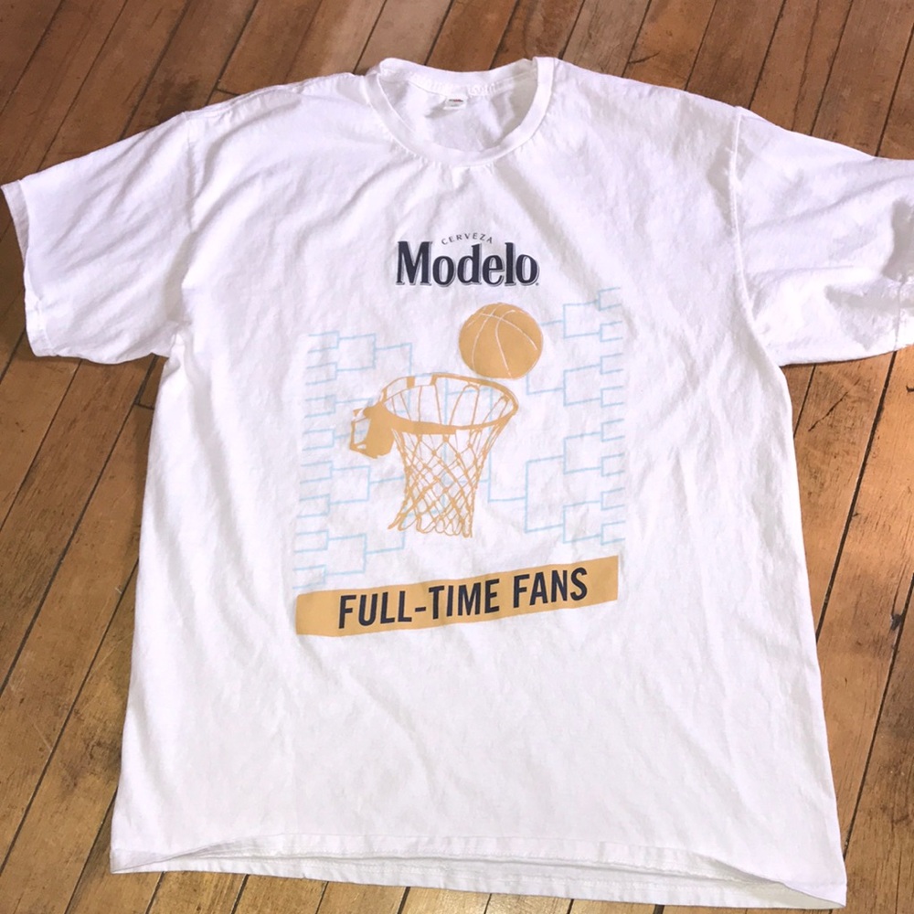 ModelCo‎ White T-Shirt with Gold Basketball Graphic and Blue Bracket Accents